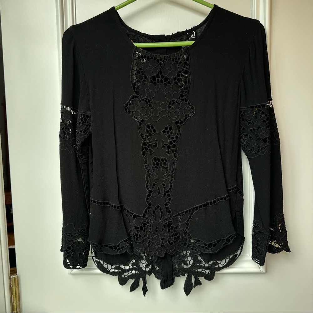 Millau Black Lace-Trim Long Sleeve Top